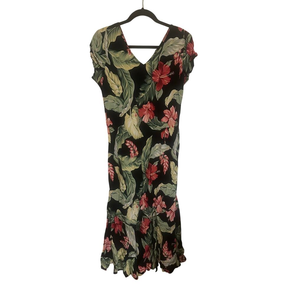 Kaua’iana Hawaiian Tropical Hibiscus Maxi Dress Women’s Large Black Floral